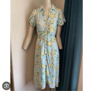 Draper James Blue and White Striped Dress with Floral Accents